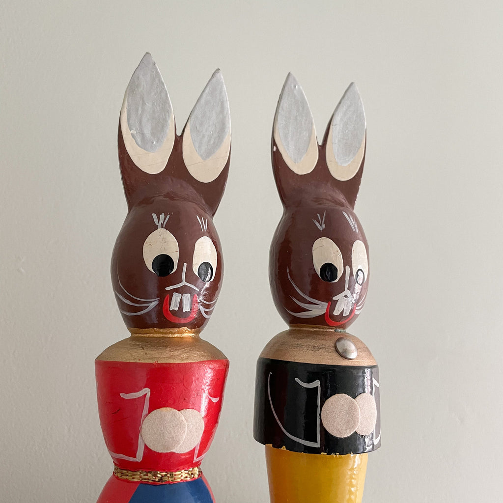 Vintage wooden 1960s lacquered German Easter bunny decorations, pair, thought to be Erzgebirge brand - Moppet