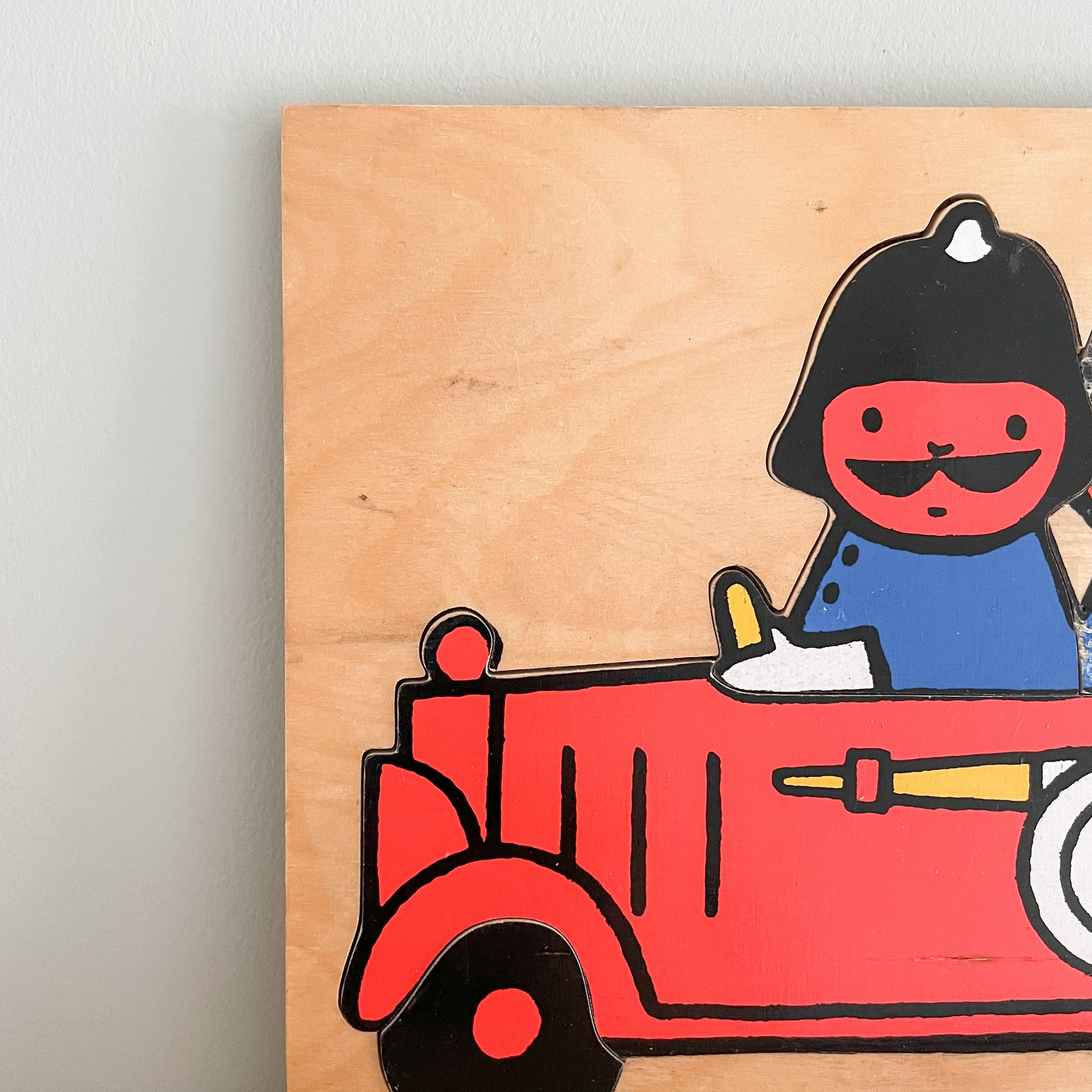 Vintage 1960s wooden puzzle featuring three fireman, by Willis Toys and illustrated by Dick Bruna, the creator of Miffy - Moppet