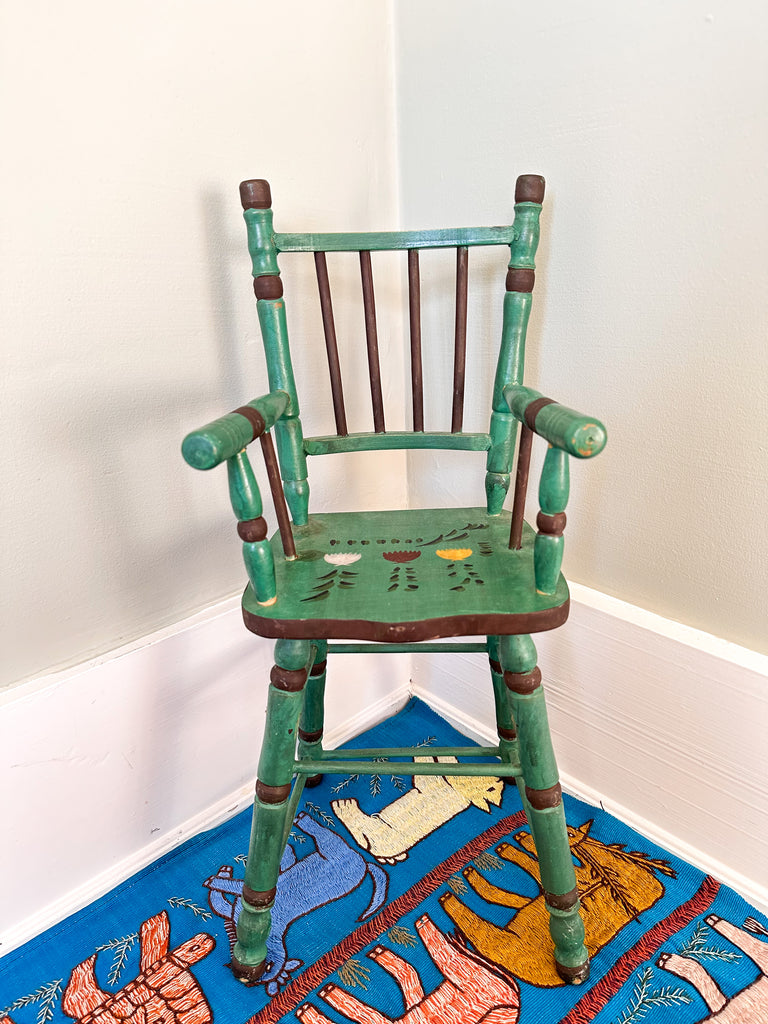 Vintage wooden folk art hand-painted doll’s highchair with floral tulip design - Moppet