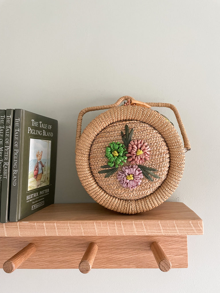 Vintage spring / Easter floral woven straw basket, formerly a sewing basket - Moppet