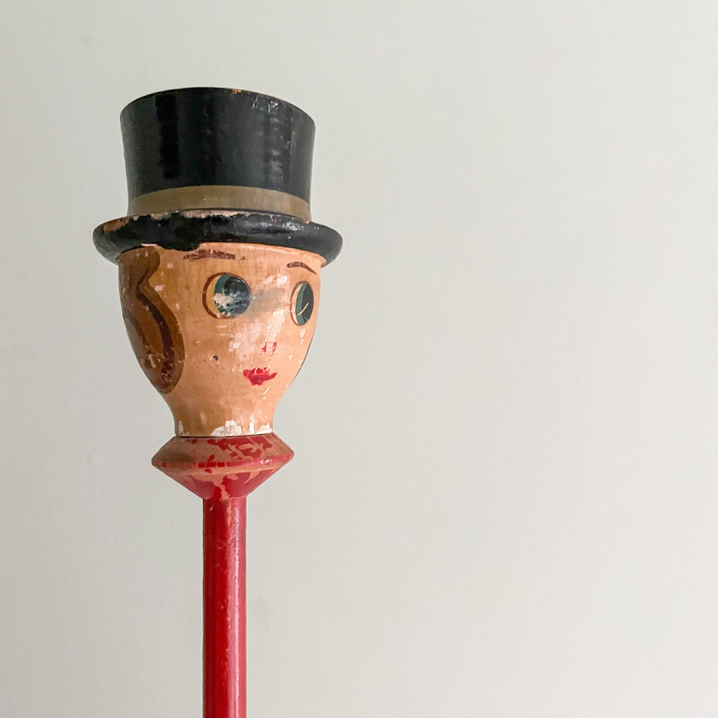 Vintage 1920s wooden hand-painted hat stand figurine with top-hat doll character - Moppet