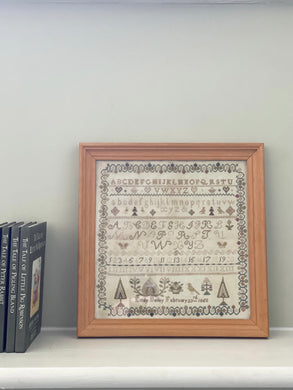 Antique 19th Century framed alphabet cross stitch embroidery sampler - Moppet
