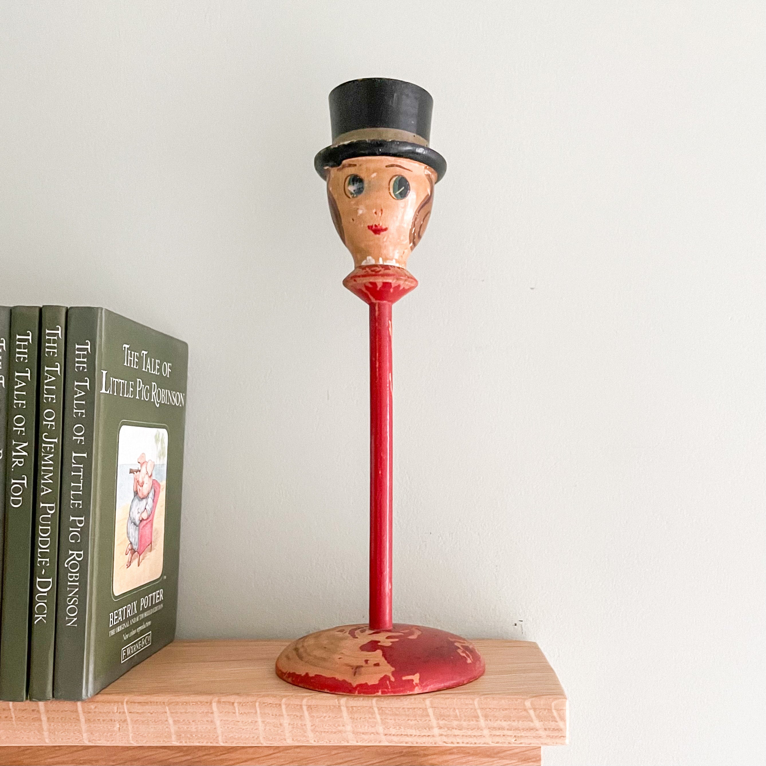 Vintage 1920s wooden hand-painted hat stand figurine with top-hat doll character - Moppet