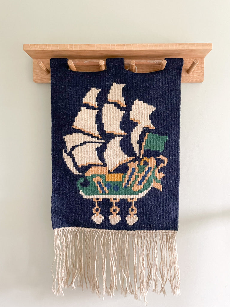 Vintage hand-woven Greek folk art wool wall hanging tapestry of a ship/sailing boat - Moppet
