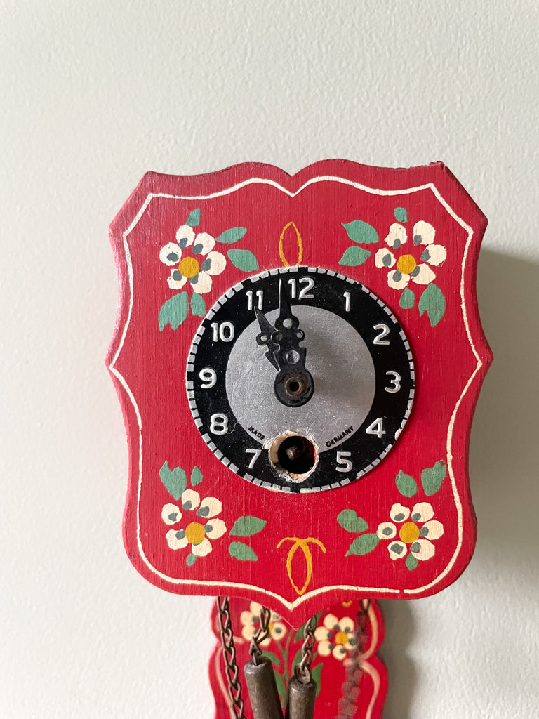 Vintage German wooden folk art miniature grandfather clock, handmade in Bavaria - Moppet