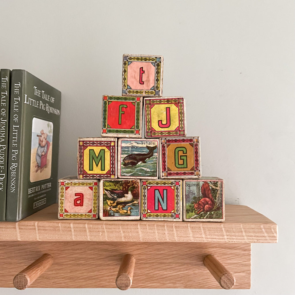 Vintage wooden stacking alphabet picture number building blocks - Moppet