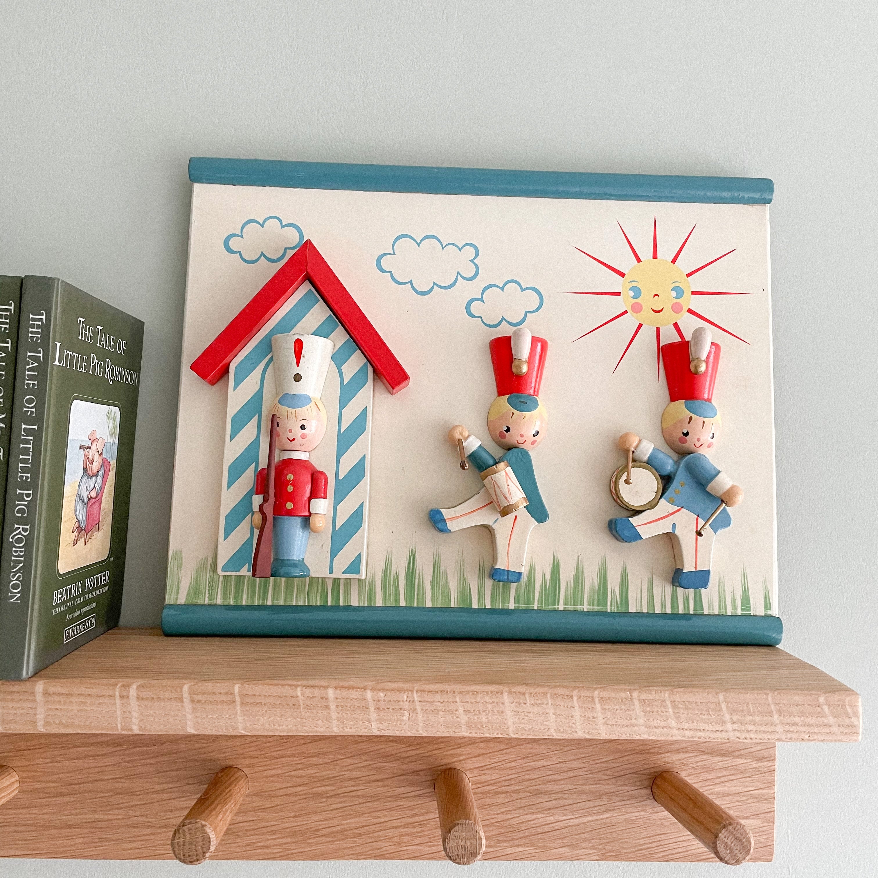 Vintage 1960s 'Irmi' wooden children's wall plaque featuring three wooden soldiers - Moppet