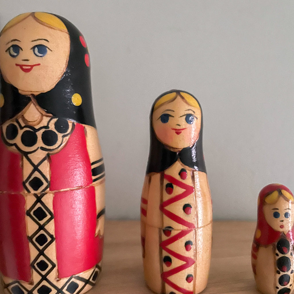 Vintage midcentury wooden unusual nesting Russian dolls handmade in USSR - Moppet