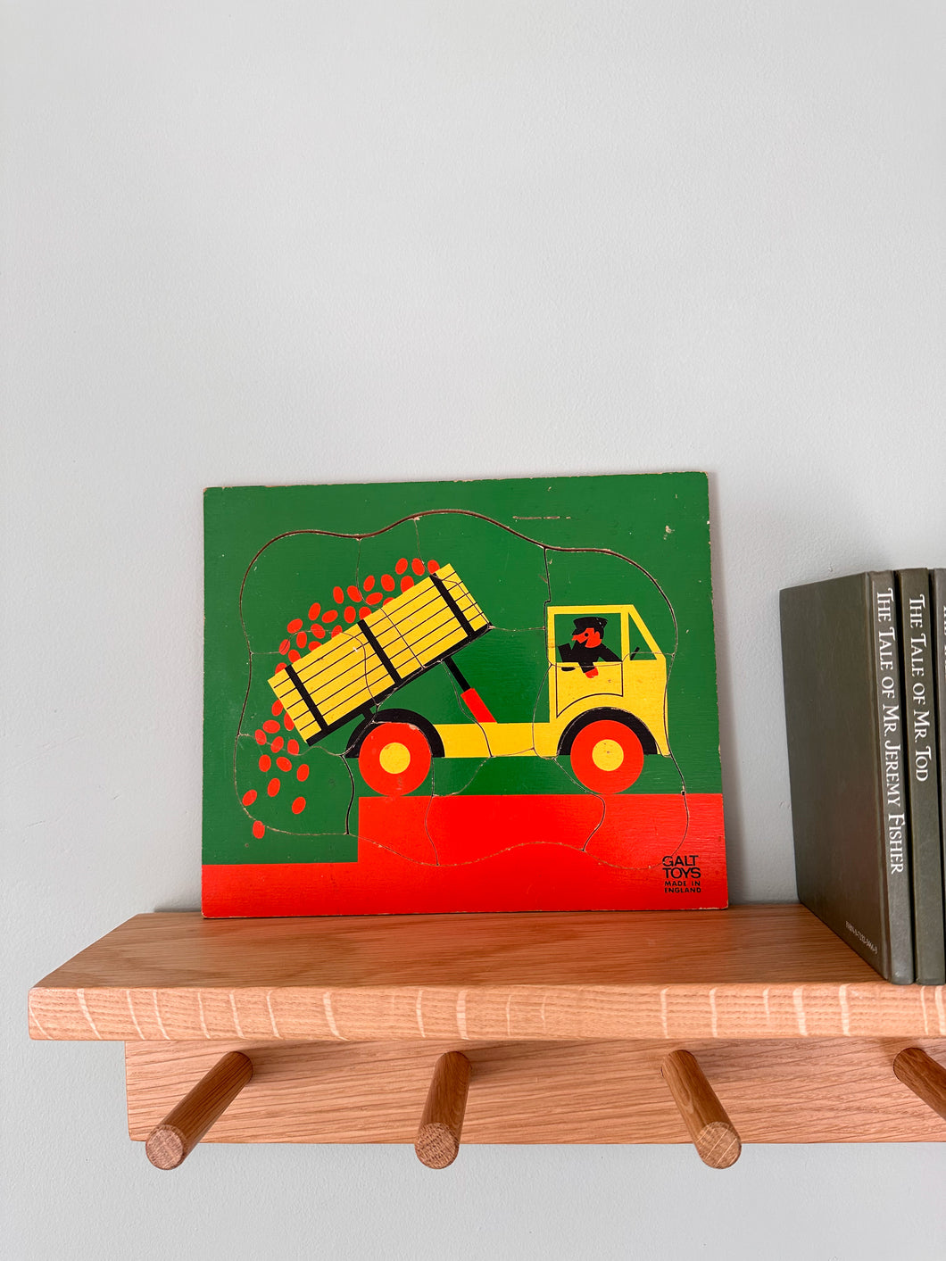 Vintage wooden lorry jigsaw puzzle, green, red and yellow, made in England by GALT - Moppet