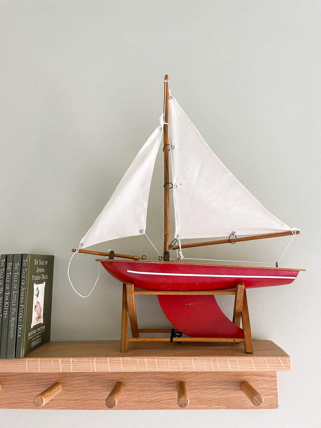Vintage wooden model red sailing boat, pond yacht or ship - Moppet