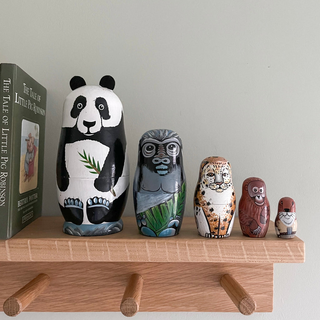 Vintage wooden nesting animals Russian Matryoshka dolls (panda, gorilla, leopard, orangutan) - Moppet